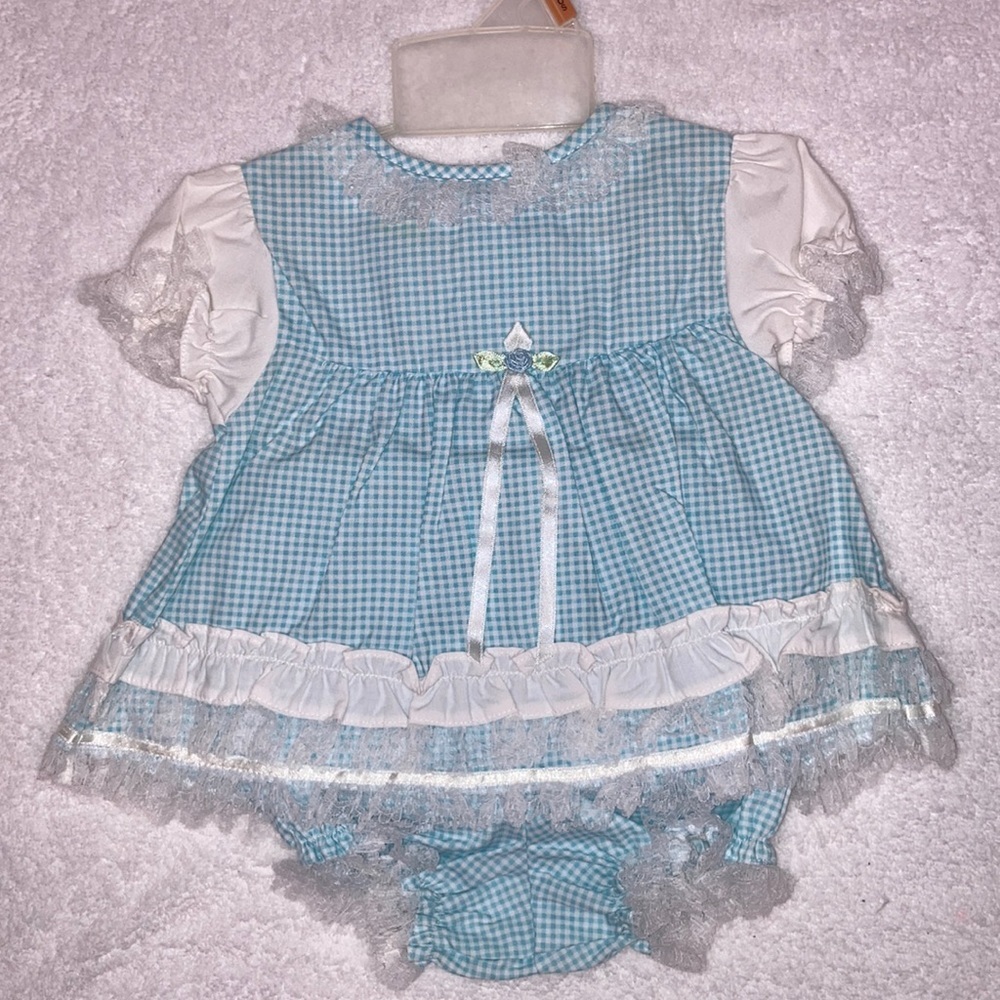 Nwot vintage Sesame Street blue gingham lace dress and matching panties 0/3m
